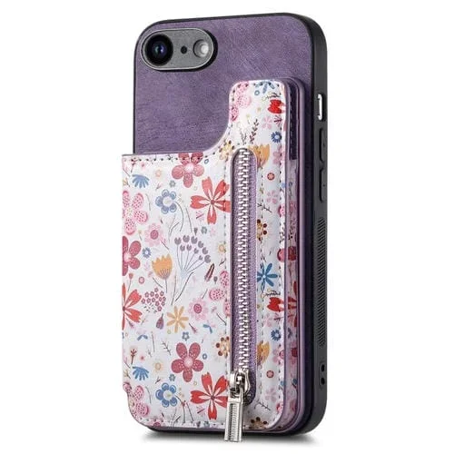Estuche para teléfono iPhone 7/8/Se 2022 con billetera y cremallera pintada retro (Púrpura)