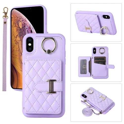 Estuche para Teléfono iPhone X / Xs con Soporte de Anillo y Bolsa de Tarjeta Horizontal con Cordón Doble (Púrpura Oscuro)