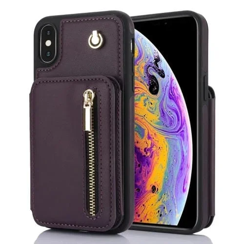 Estuche para Teléfono iPhone X Xs Ym006 Bolsa para Tarjetas Cremallera Sensación de Piel Cordón Doble (Púrpura Oscuro)
