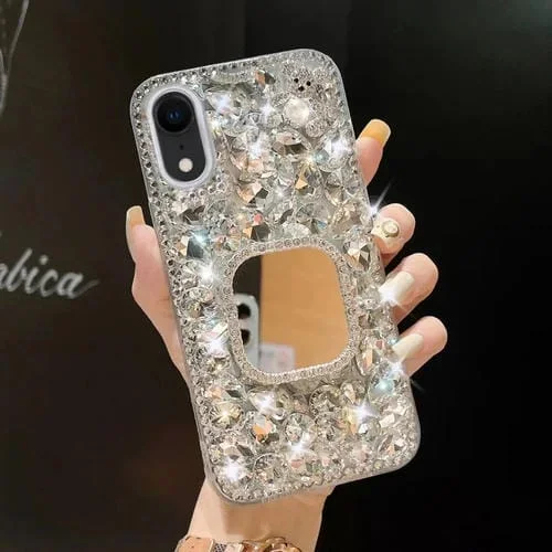 Estuche para Teléfono iPhone Xr con Espejo y Diamantes de Imitación Hecho a Mano (Cuadrado Gris Plateado)