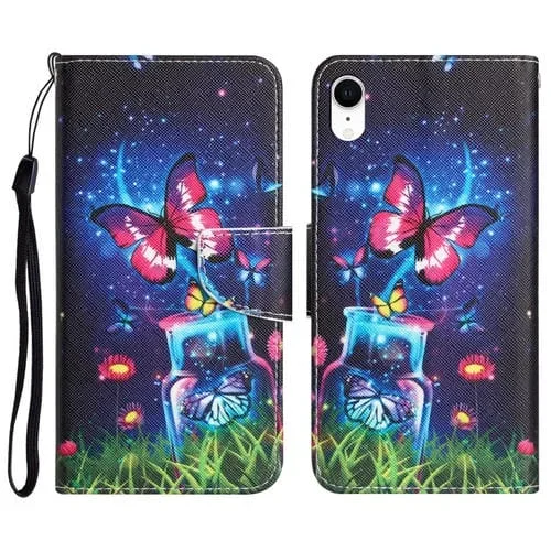 Estuche para Teléfono iPhone Xr Cuero Dibujo Coloreado Mariposa de Botella