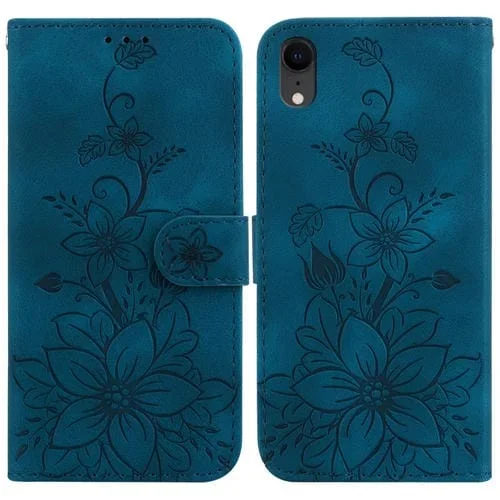 Estuche para Teléfono iPhone Xr Lily Cuero en Relieve (Azul Oscuro)