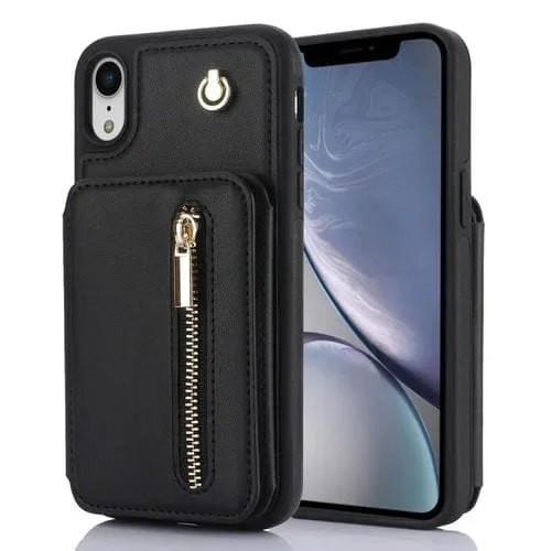 Estuche para Teléfono iPhone Xr Ym006 con Bolsa para Tarjetas Cremallera y Cordón Doble (Negro)