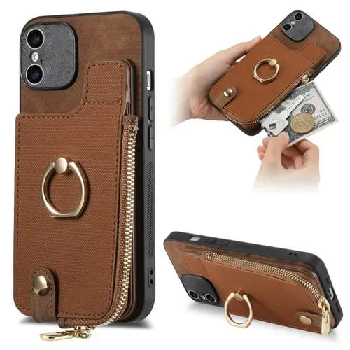Estuche para Teléfono iPhone Xs Max Anillo de Cuero Cruzado con Cremallera Vertical y Billetera Trasera (Marrón)