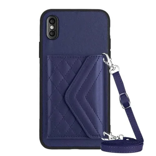 Estuche para Teléfono iPhone Xs Max con Bolsa para Tarjetas Rfid Textura Rómbica y Cordón Largo (Púrpura Oscuro)