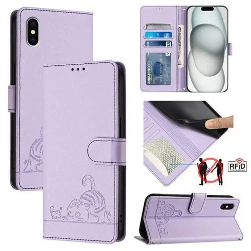 Estuche para Teléfono iPhone Xs X Cat Rat Cuero Rfid Patrón En Relieve con Cordón (Púrpura)