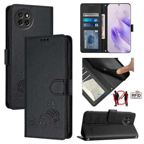 Estuche para Teléfono Itel S23 S665L Cuero RFID con Patrón en Relieve y Cordón (Negro)