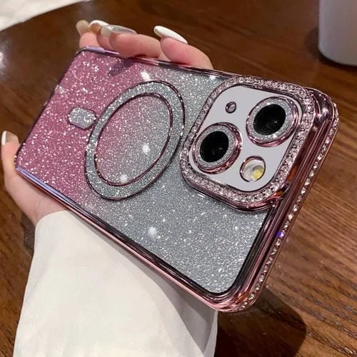 Estuche para Teléfono Magsafe Apple iPhone 15 Plus Chapado en Brillo con Degradado de Diamante (Rosa)