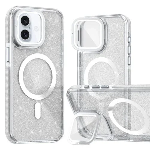 Estuche para Teléfono Magsafe con Soporte para Lentes Purpurina para iPhone 16 Plus (Blanco)
