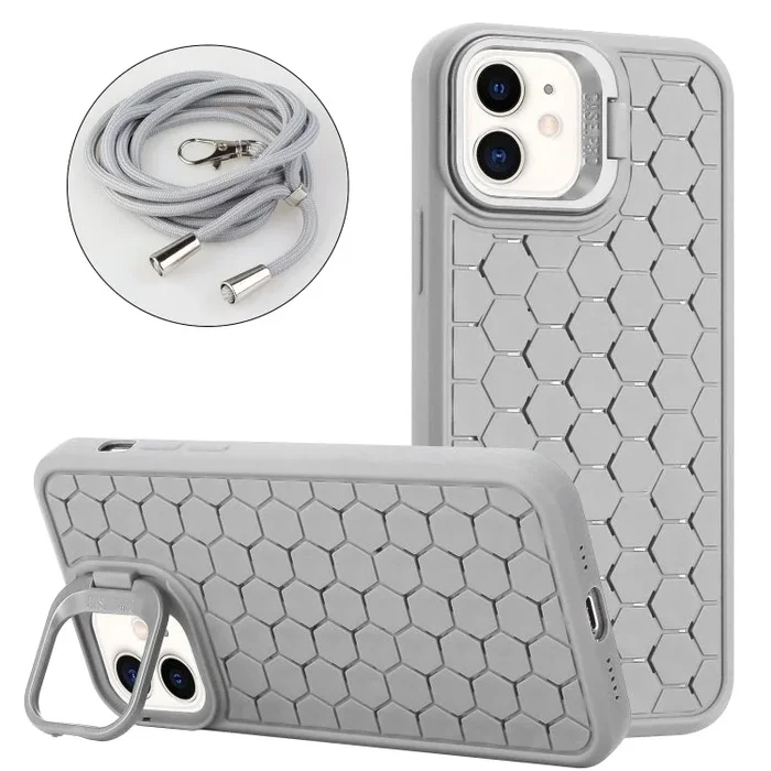Estuche para Teléfono Magsafe iPhone 12 con Soporte para Lente Radiante en Forma de Panal con Cordón (Gris)