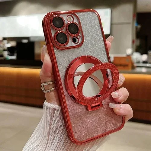 Estuche para Teléfono Magsafe iPhone 12 Pro con Soporte Espejo Plateado y Brillo Degradado (Rojo)