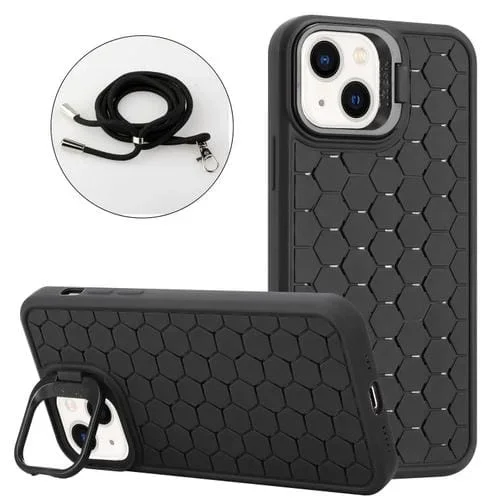 Estuche para Teléfono Magsafe iPhone 15 Soporte para Lente Radiante Panal con Cordón (Negro)