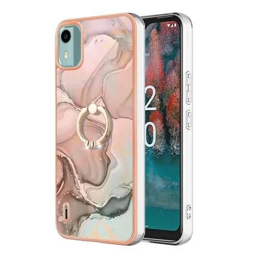 Estuche para Teléfono Nokia C12 Imd Doble Cara Mármol Galvanizado con Anillo (Oro Rosa)