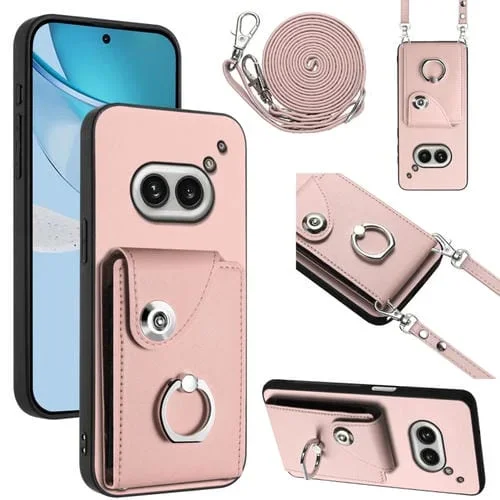 Estuche para teléfono Nothing Phone 2A con anillo, tarjetero y cordón largo (Rosa)