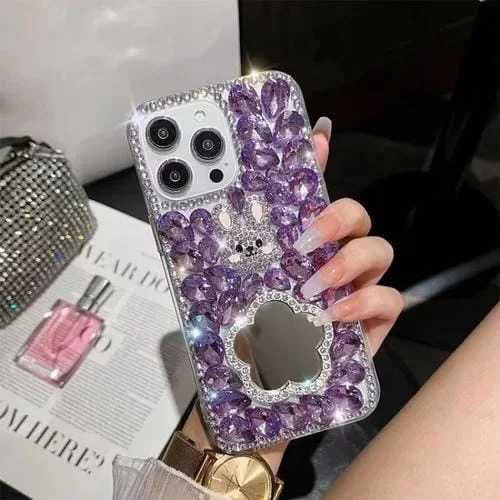Estuche para teléfono PC hecho a mano con forma de conejito y espejo de diamante para iPhone 16 Pro Max (Flor Morada)