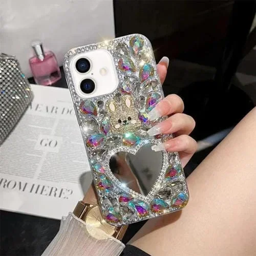 Estuche para Teléfono PC Hecho a Mano Forma de Conejito con Espejo Diamante para iPhone 16 (Colorido)