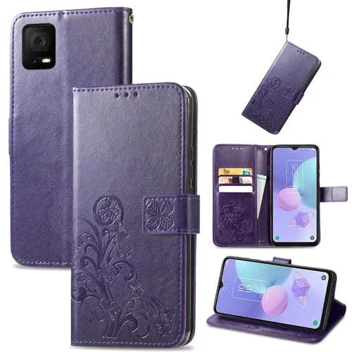 Estuche para Teléfono TCL 405 Cuero Hebilla en Relieve Cierre Cuatro Hojas (Púrpura)