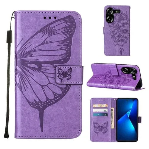 Estuche para teléfono Tecno Pova 5 4G Lh7N cuero con mariposa en relieve (Púrpura Claro)