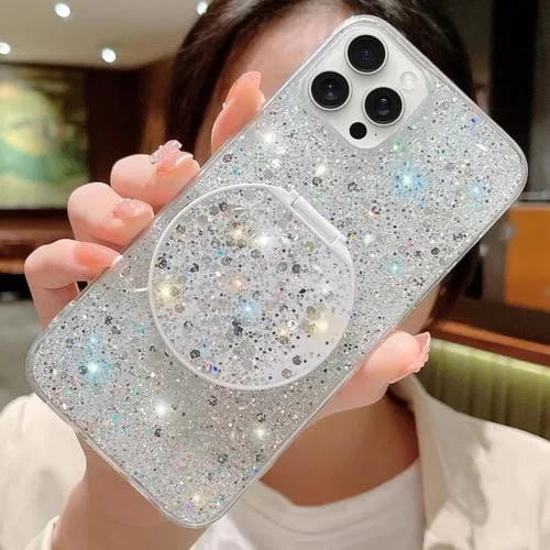 Estuche para Teléfono TPU Epoxi para iPhone 15 Pro Max con Espejo Redondo y Lentejuelas Estrelladas (Plateado)