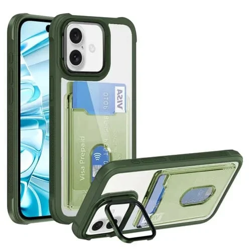 Estuche para Teléfono TPU Híbrido Acrílico para iPhone 16 Plus con Soporte para Tarjeta (Verde)