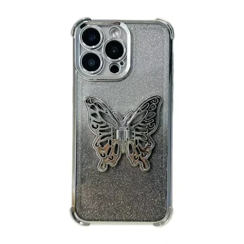 Estuche para Teléfono TPU iPhone 14 Pro a Prueba de Golpes Mariposa 3D Purpurina Galvanizada (Plata Degradada)