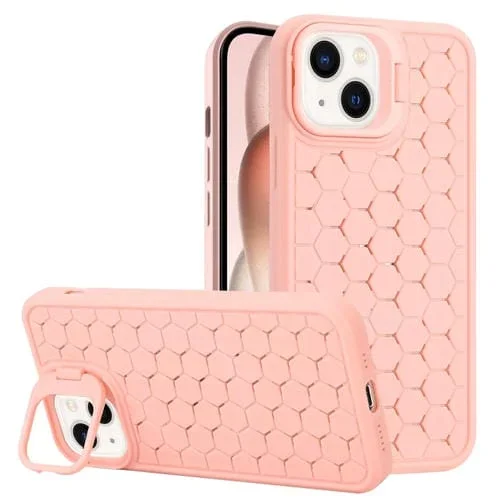 Estuche para Teléfono TPU iPhone 15 Plus Soporte Lente Radiante Panal (Rosa)