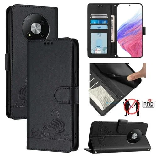 Estuche para Teléfono ZTE Blade A73 5G Cuero Rfid con Patrón y Cordón (Negro)