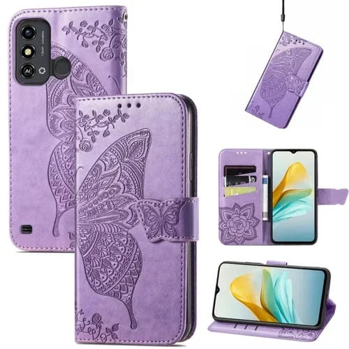 Estuche para ZTE Blade A53 Butterfly de Cuero en Relieve Love Flower (Púrpura Claro)