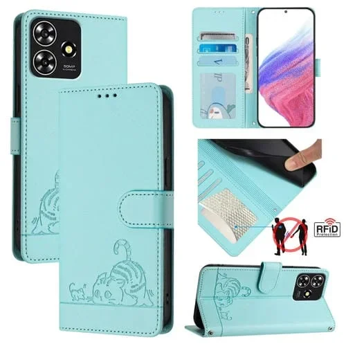 Estuche para ZTE Blade A73 4G de Cuero RFID con Patrón en Relieve y Cordón (Verde Menta)