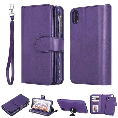 Estuche protector 2 en 1 para iPhone Xr con cremallera ranuras para tarjetas soporte fotos función billetera (Púrpura)