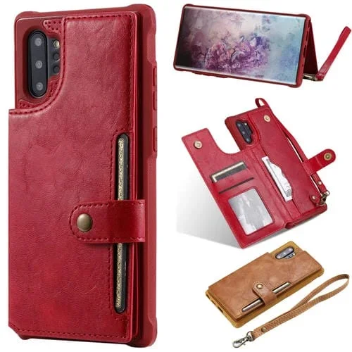 Estuche Protector Galaxy Note 10 Plus a Prueba de Golpes con Cremallera Hebilla Soporte Ranuras Tarjetas Billetera Cordón Marco Fotos (Rojo)