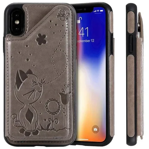 Estuche protector iPhone Xs Cat Bee patrón relieve a prueba de golpes con ranuras para tarjetas (Gris)