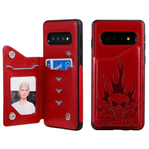 Estuche Protector para Galaxy S10 Skull Head a Prueba de Golpes con Soporte y Ranuras para Tarjetas (Rojo)
