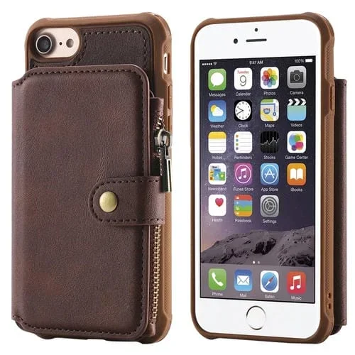 Estuche Protector para iPhone 6 con Cremallera Ranuras Tarjetas Soporte Fotos Billetera (Café)
