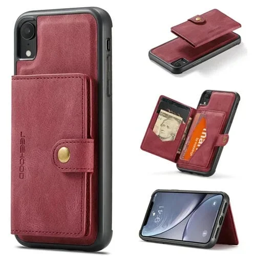 Estuche Protector para iPhone Xr Jeehood Desmontable Magnético Retro con Billetera y Soporte (Rojo)