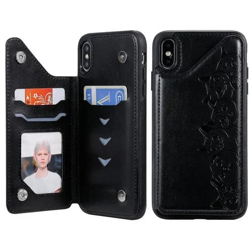 Estuche Protector para iPhone Xs Max Six Cats con Patrón de Relieve Soporte Ranuras para Tarjetas y Marco de Fotos (Negro)