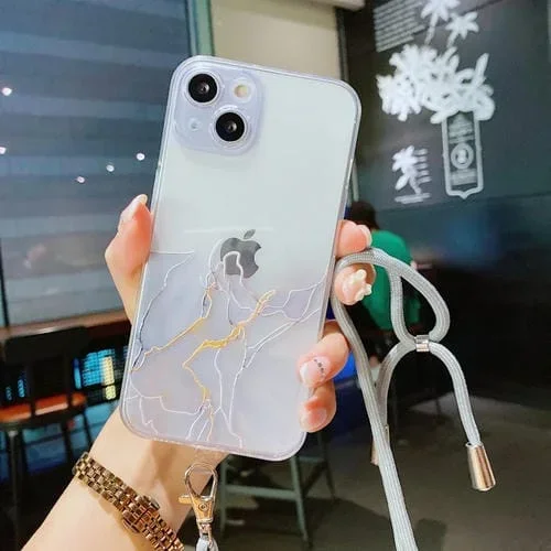 Estuche protector TPU para iPhone 13 Pro patrón de mármol hueco con orificio preciso y correa para el cuello (Gris)