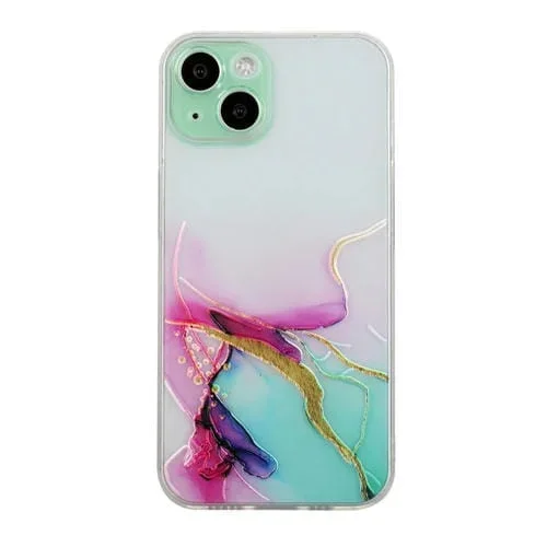Estuche protector TPU para iPhone 14 patrón de mármol borde recto con orificio fino (Rojo Verde)