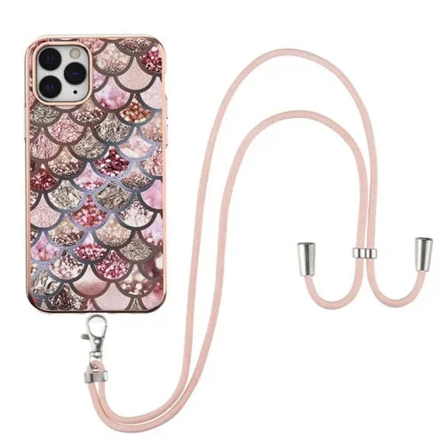 Estuche TPU iPhone 11 Pro Patrón Galvanoplastia Imd a Prueba de Golpes con Cordón (Escamas Rosas)