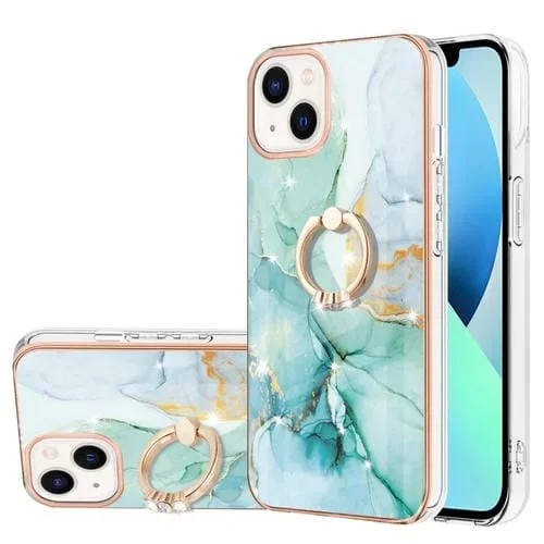 Estuche TPU para iPhone 13 Mini Galvanoplastia Patrón Mármol Soporte Anillo (Verde)