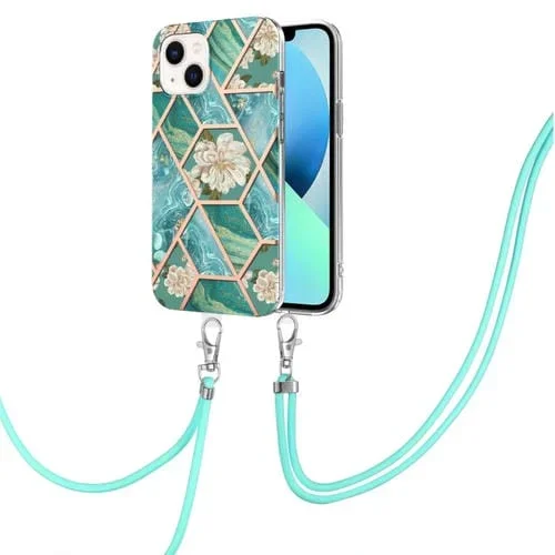 Estuche TPU para iPhone 15 Galvanoplastia Empalme Mármol Patrón de Flores a Prueba de Golpes con Cordón (Flor Azul)