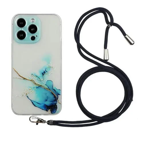 Estuche TPU para iPhone 15 Pro Hollow Marble Pattern a Prueba de Golpes con Cuerda (Azul)