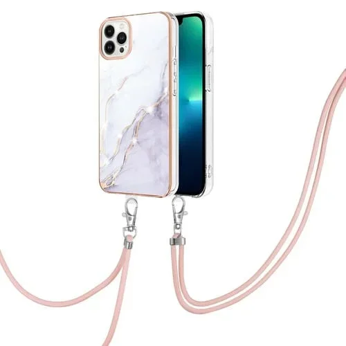 Estuche TPU para iPhone 15 Pro Max Galvanoplastia Patrón Mármol a Prueba de Golpes con Cordón (Blanco)