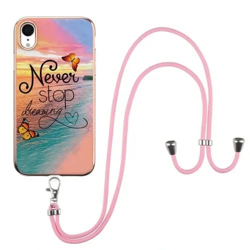 Estuche TPU para iPhone Xr Galvanoplastia Patrón Imd a Prueba de Golpes con Cordón para El Cuello (Dream Chasing Butterfly)