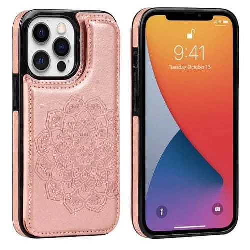 Estuche Trasero de Cuero para iPhone 13 Pro con Doble Hebilla Mandala Ranuras para Tarjetas Soporte y Marco de Fotos (Oro Rosa)