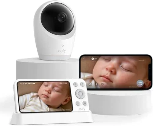 eufy – Monitor de bebé con cámara E21, 4 K UHD, pantalla de 5 pulgadas (720p), modo Wi-Fi híbrido/offline, control por aplicación y monitor, función giratoria e inclinación, zoom 8x, cámara