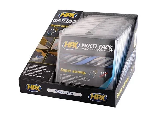 Expositor con 10x cinta adhesiva de doble cara multi-tack – semitransparente – 12 mm x 25 m