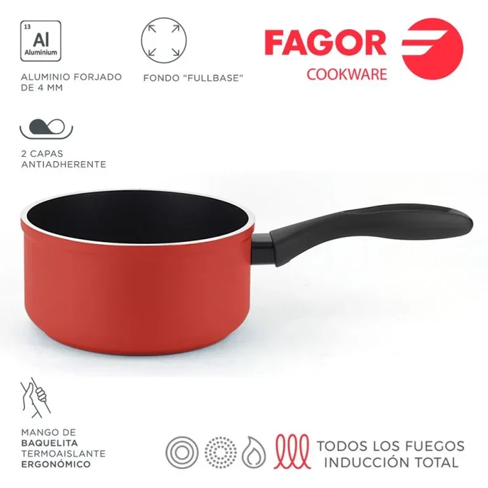 Fagor Maxima Cazo Inducción 16 cm, Aluminio Forjado, Espesor 4 mm, Antiadherente Ecológico XYLAN PLUS sin PFOA, Apta para Todas Las Cocinas, Vitrocerámica, Gas, Lavavajillas, Rojo