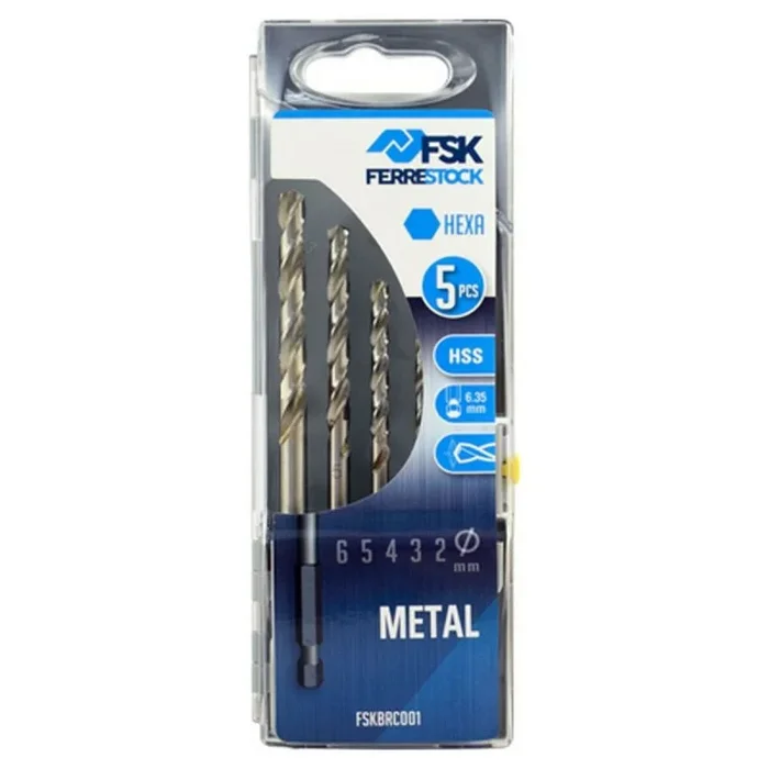 Ferrestock FSKBRC001 set de 5 brocas hexagonales HSS para metal, afilado autocentrante, 2/3/4/5 y 6mm