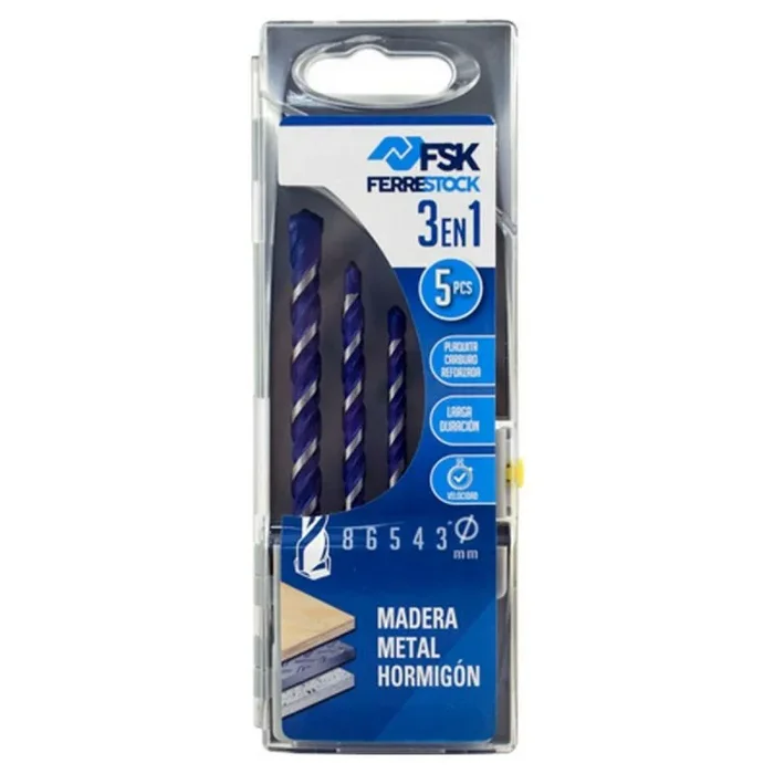 Ferrestock FSKBRC103 set de 5 brocas multisuperficie 3en1, punta con plaquita de carburo reforzado y diseño especial, 3/4/5/6 y 8mm